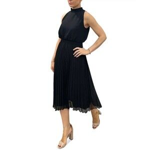 NWT NEW Sam Edelman Women's Size 8 Smocked-Waist Plisse Midi Dress MIDI Black